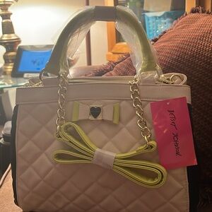 Betsy Johnson Satchel Quilted Cream and black hand bag.